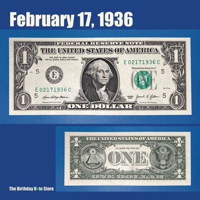 February 17, 1936 Birthday Anniversary $1 One Dollar Bill Serial Number 02171936 - Image 1 of 2