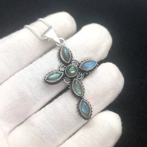 925 Sterling Silber Natur Labradorit Edelstein Schmuck Handarbeit Kreuz Anhänger - Bild 1 von 2