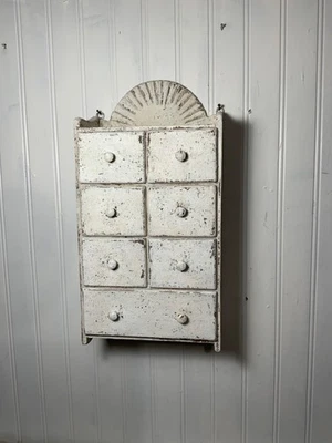 VINTAGE SPICE CABINET, WALL MOUNTED, 7 DRAWERS, OLD DISTRESSED WHITE PAINT - Image 1 of 4
