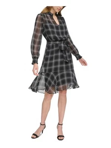 TOMMY HILFIGER Womens Black Lined Cuffs Self-tie Belt Plaid Sleeve Split Dress 4 - Picture 1 of 11