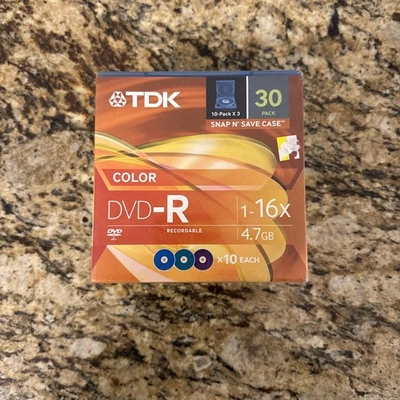 TDK DVD-R 30 Pack Color Snap N Save Cases 4.7GB 120Min 16x Factory Sealed Box - Image 1 of 3