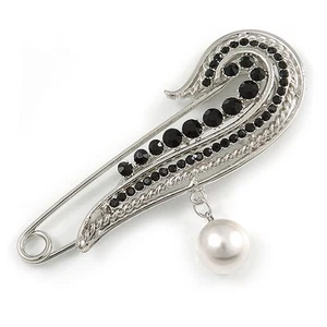 Große schwarze Kristall Flügel Sicherheitsnadel Brosche in silberfarbenem Metall - 80 mm L - Bild 1 von 3