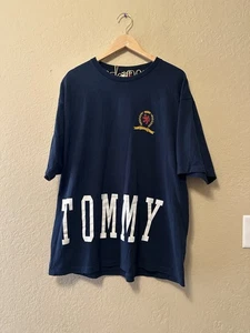 Vintage 90s Tommy Hilfiger Spell Out Double Sided Shirt Navy Size XL USA Made - Picture 1 of 11