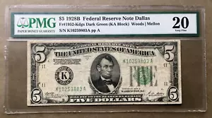 1928B $5 FRN DALLAS FR 1952-K DGS PMG 20 Ser# K 10259803 A - Picture 1 of 3