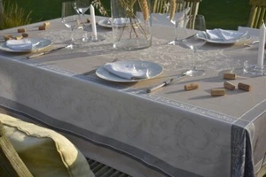 Jacquard Cotton Tablecloth 160X200 Cm Ornaments Taupe France Teflon Protection - Picture 1 of 6