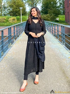 Black Naveli Handmade Front Slit Chikankari Kurti Lucknow Chikankari Anarkali - Picture 1 of 4