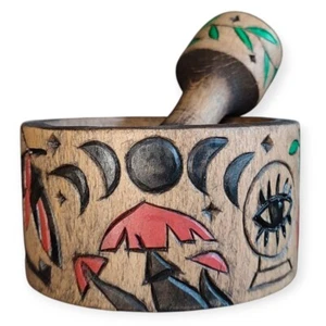 Mortar and pestle Herb grinder Wooden Altar Pagan Wicca Kitchen witch Moon phase - Picture 1 of 15