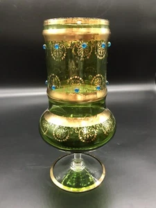Vtg Czech Bohemian Green Glass Pedestal Compote Vase Jeweled Gold Gilt Christmas - Picture 1 of 6