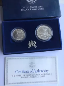 1993 Bill of Rights Silver Two Coin Set Commemorative Coins Mint Condition - Picture 1 of 5