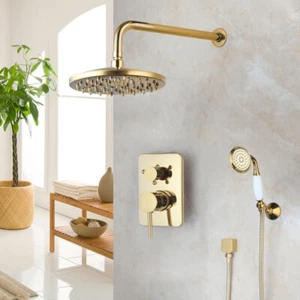 Bathroom Tub Gold 8 Inch Rainfall Shower Units Wall Mount Handheld Spray Tap - Picture 1 of 12