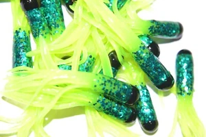 1.5" TRI-SCALE HEAD CRAPPIE PANFISH TUBE GRUBS LURE 50 pk BLACK/GREEN/CHARTREUSE - Picture 1 of 1