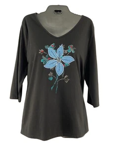 Breckenridge Womens Size 2X Black V-Neck Top Floral Embroidered 3/4 Sleeve Tee - Picture 1 of 5