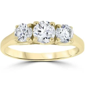 1Ct TW Three Stone Round Cut Natural Diamond Engagement Ring 14k Yellow Gold - Picture 1 of 6