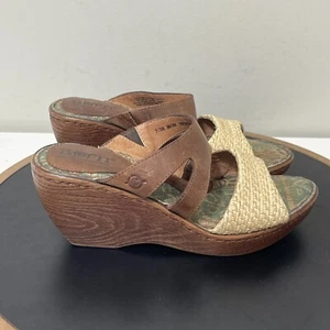Born Sandals Women 7 M Brown Leather Raffia Wedge Slip-On Comfort Boho Summer - Picture 1 of 12