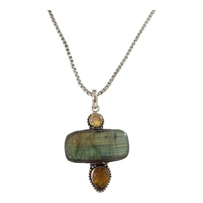 925 Sterling Silver Pendant Necklace  Huge Labradorite and Citrine 15" - Image 1 of 4