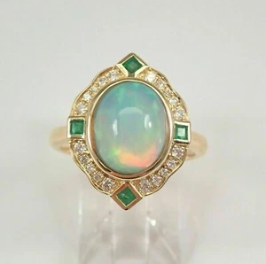3Ct Oval Cut Opal & Emerald Women's Halo Engagement Ring 14K Yellow Gold Finish - Picture 1 of 4