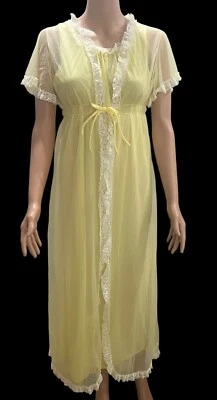 Vintage Dreamy Nylon Ruffle Chiffon Peignoir Set 2pcs Robe Nightgown Yellow Sz L - Image 1 of 4