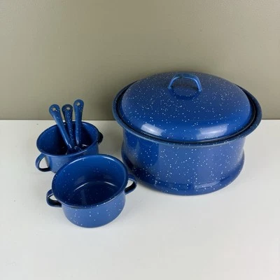Blue Speckled Enamelware Pot and Soup Mugs Spoons - Image 1 of 4