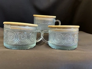 Vintage Kaffeetassen Geschenkset 3 geprägtes Glas mit Bambusdeckel 14oz Teetassen - Bild 1 von 9