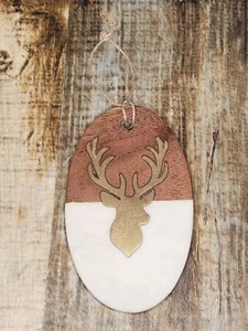 Marmor & Holz Gold Hirsch Ornament Hängedeko Schild Plakette Geschenk Landhaus  - Bild 1 von 6