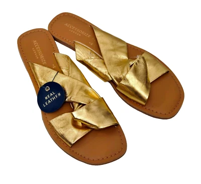 ACCESORIO London Mujer Preciosas Sandalias Planas Doradas con Tiras Sin Cordones EU 39 UK 6 Foto 1 de 4