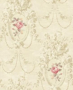 Wallpaper Red Pink Taupe Tan Floral Bouquet Cameo on Tan Faux, 56 Sq Ft Bolt - Picture 1 of 1