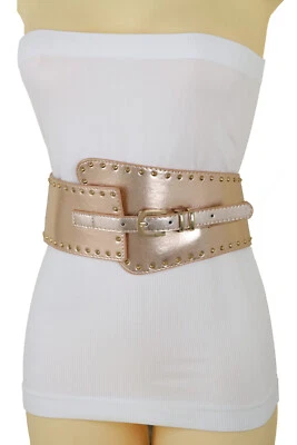 Women Wide Elastic Rose Gold Faux Leather Timeless Style Belt Metal Stud Fit S M - Image 1 of 4