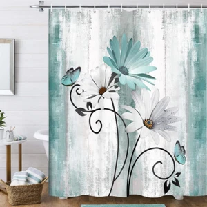 Rustic Farmhouse Shower Curtain, Farm Teal Daisy Floral Flowers and Butterfly on - Picture 1 of 12