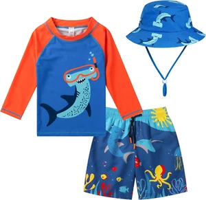 Toddlers and Baby Boys' 3-Piece Swimsuit Trunk Rashguard Set and Sun Hat Swimwea - Picture 1 of 13