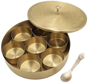 6-inch Brass (Gold Color) Masala Dabba Box with 7 Spice Containers & Spoon - Picture 1 of 4