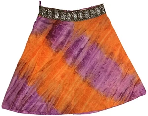TIE DYE PINK AND ORANGE RAYON SKIRT WITH BEADED BELT WAISTLINE - Picture 1 of 7
