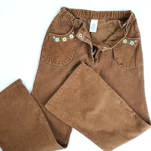 Y2K 07 Gymboree Girl Corduroy Pants Sz 10 Ins 25 Brown Embroidered Flower Adjust - Picture 1 of 14