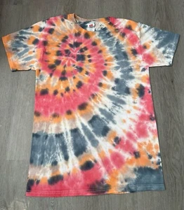 Tie Dye T-Shirt Adult Small Spiral Red Orange Hanes Cotton Short Sleeve Vibrant - Picture 1 of 5