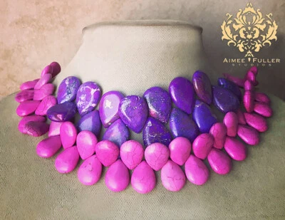 TURQUOISE HOWLITE PATTERN Chunky Purple Violet Magenta Statement Necklace XL - Image 1 of 2