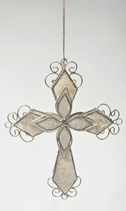 Vintage Capiz Muschel religiös Kreuz Weihnachtsschmuck mit goldenen Metallwirbeln 5,25" hoch - Bild 1 von 4