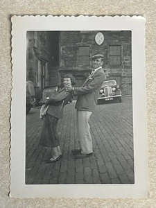 Funny Couple by Classic Car Flirting Fun Silly Playful 1950s VTG Snapshot Photo - Picture 1 of 4