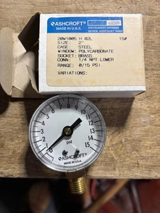 Ashcroft 20W1005 H 02L 15# Pressure Gauge, 15 psi, 2", 1/4" NPT - Picture 1 of 2