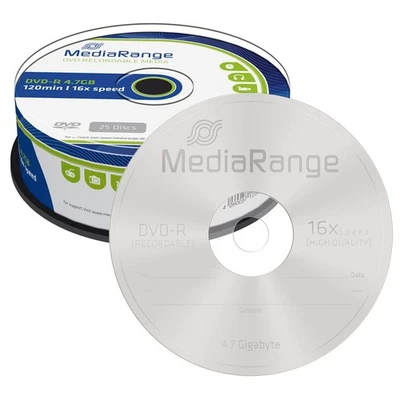 25 DVD-R Rohlinge Cake Spindel 4,7 GB 16x Mediarange MR403 25 Stück - Bild 1 von 3