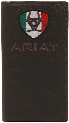 Cartera de rodeo Ariat para hombre de cuero bordada con logotipo de bandera mexicana, marrón Foto 1 de 3