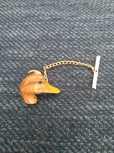 Handmade Hand Painted Duck Wood Carved Tie Tack with Chain Lapel Pin - Picture 1 of 5