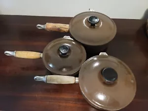 Le Creuset Chocolate Brown Sauce Pan Pot Set #16, 18, 20, Wood Handles Vintage - Picture 1 of 24