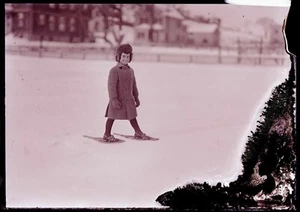 LATE 1800s or EARLY 1900s GLASS NEGATIVE, GIRL ON SNOWSHOES-3 - Picture 1 of 2