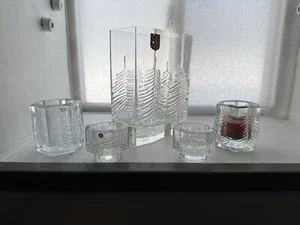 5 pc Iittala KUUSI TREE SPRUCE Crystal Glass Large VASE & Candle Holders 2” & 3” - Picture 1 of 15