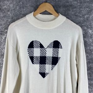 Talbots Sweater Women Medium Off White Dark Blue Plaid Heart Crew Neck Pullover