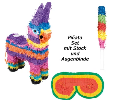 Set Esel Piñata Kindergeburtstag Pinata - bunte Esel Pinjata + Stab + Augenmask - Bild 1 von 4