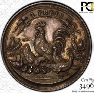 FINEST ONLY AT NGC & PCGS MS63 1894 HAMBURG GERMANY FARM MEDAL FIRST PLACE TONED - Picture 1 of 3