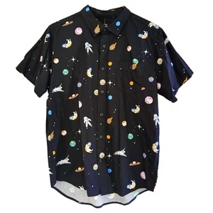 Camicia nuova con etichette Hot Topic taglia L nera blu arancione gatto spaziale astronauta tessuto bottoni - Foto 1 di 3