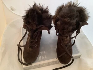 STUART WEITZMAN PILOT COFFE VELOUR BOOTS NATURAL FUR SIZE 7 M - Picture 1 of 9