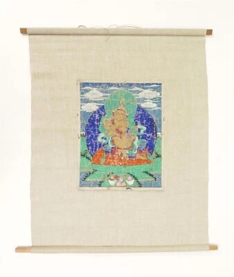 Antiguo panel pintado Thangka budista chino tibetano montado 23,5" 29,5" Foto 1 de 4