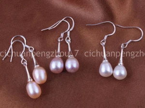 8-9mm White Pink Purple Natural Freshwater Pearl Dangle Silver Hook Earrings - Picture 1 of 6